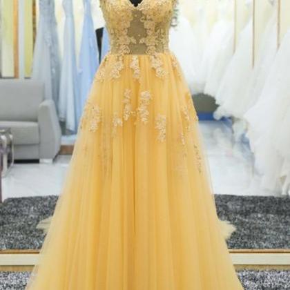 Beautiful Yellow Lace And Tulle Long Formal Gowns,..