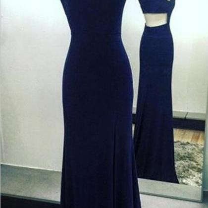 Simple Navy Blue Spandex Slit Mermaid Party Gowns,..