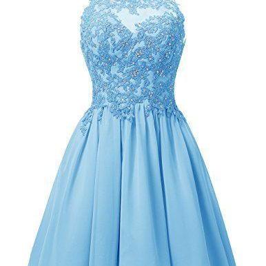 Cute Blue Short Homecoming Dresses, Chiffon Halter..