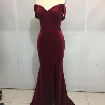 Sexy Burgundy Velvet Split Evening Prom Dress,Slit Party Dress With Gloves cc2239 main image 0