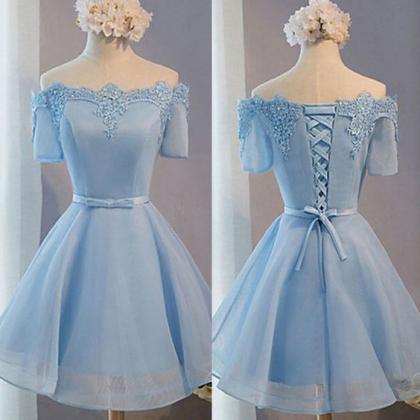 Light Blue Off Shoulder Short Sleeves Homecoming Dresses, Cute Formal ...