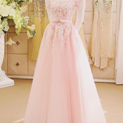 Elegant Tulle And Lace Applique Pink Prom Gowns,..