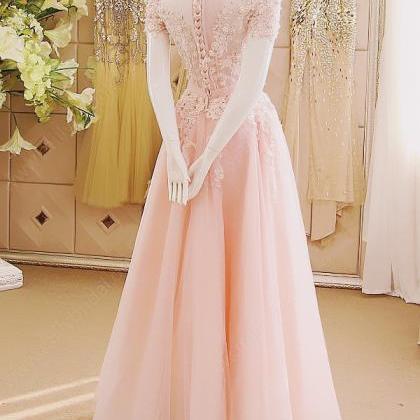 Elegant Tulle And Lace Applique Pink Prom Gowns,..