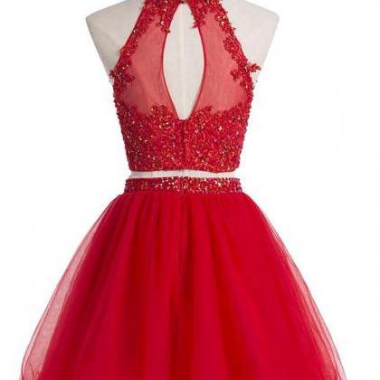 Red Two-piece Homecoming Dress Featuring Beaded..