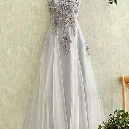 Charming Light Grey Long Prom Dresses, Elegant..