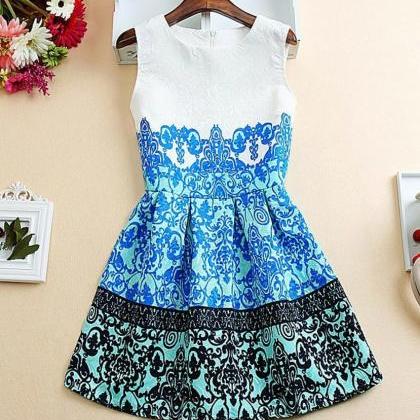 Blue Floral Round Neckline Short Dresses, Stylish..