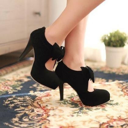 Cute Black Bow Knot High Heels, Women Fashion..