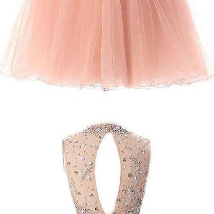 Pearl Pink Beaded Spark Tulle Homecoming Dresses,..