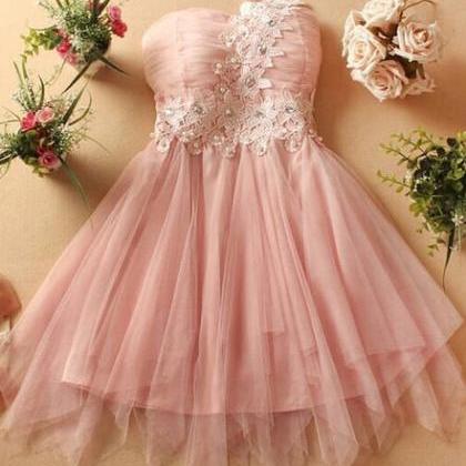 Pink Lovely One Shoulder Beading Lace Short Prom..