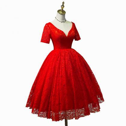 Charming Lace Red Vintage Style Teen Length Party..