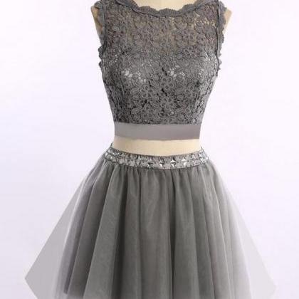 Grey Two Piece Homecoming Dresses, Lace And Tulle..