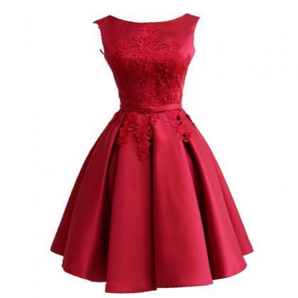 Red Round Neckline Short Satin Party Dresses, Red..