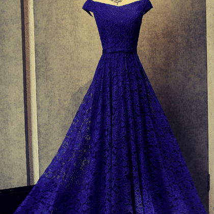 Royal Blue Lace Off Shoulder Evening Gowns, Blue..