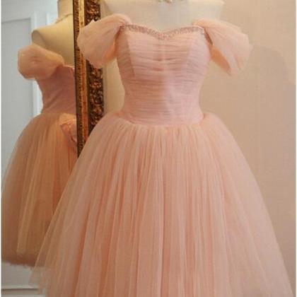 Pink Vintage Style Off Shoulder Pink Tulle Prom..