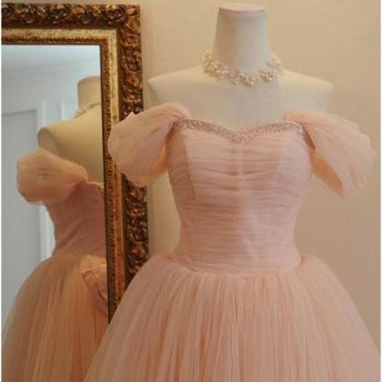 Pink Vintage Style Off Shoulder Pink Tulle Prom..