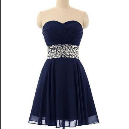 Navy Blue Homecoming Dresses, Short Beaded Simple..