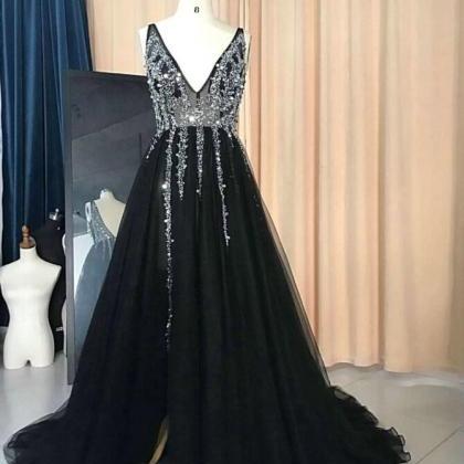 Black Slit Long V-neckline Beaded Prom Dresses,..