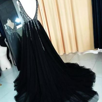 Black Slit Long V-neckline Beaded Prom Dresses,..