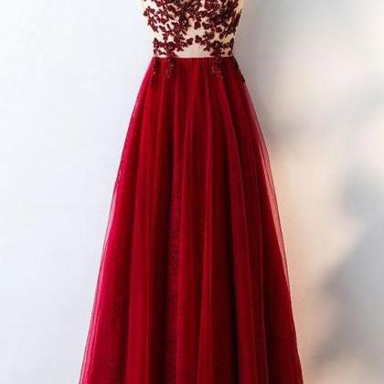 Charming Dark Red Tulle Party Gowns, Long Prom..
