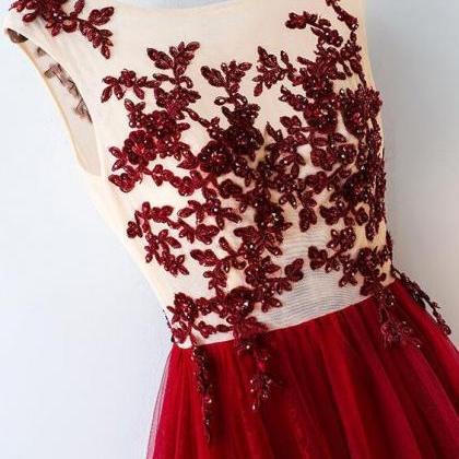 Charming Dark Red Tulle Party Gowns, Long Prom..