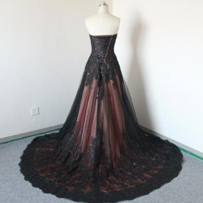 Black Ball Gown Tulle Formal Dress With Lace..