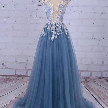 Blue Tulle Long Unique Prom Gowns, Floral..