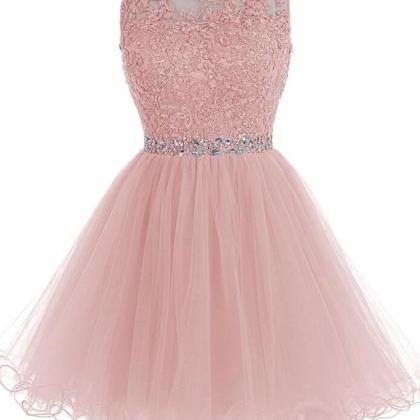 Lovely Soft Pink Short Prom Dress, Tulle And Lace..