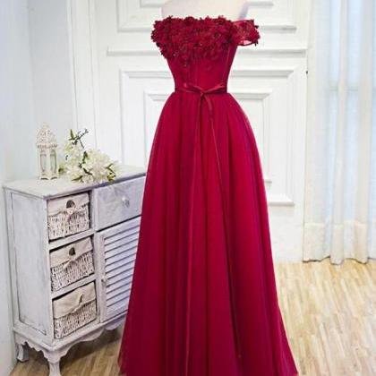 Off Shoulder Wine Red Floral Tulle Gowns, Formal..
