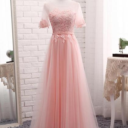 Pink Short Sleeves Bridesmaid Dresses, Pink Formal..