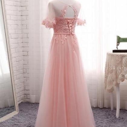 Pink Short Sleeves Bridesmaid Dresses, Pink Formal..