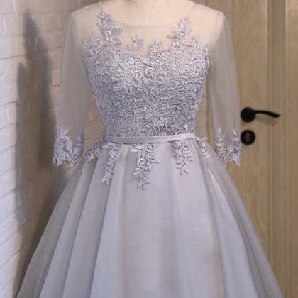 Grey 1/2 Sleeves Lace And Tulle Knee Length Style..