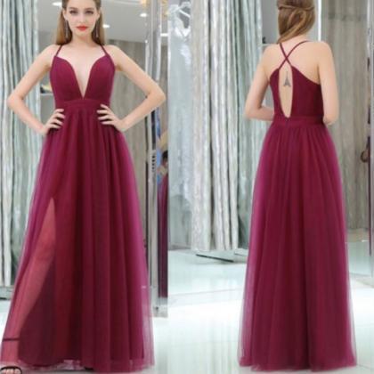 Wine Red Cross Back Tulle Slit Sexy..