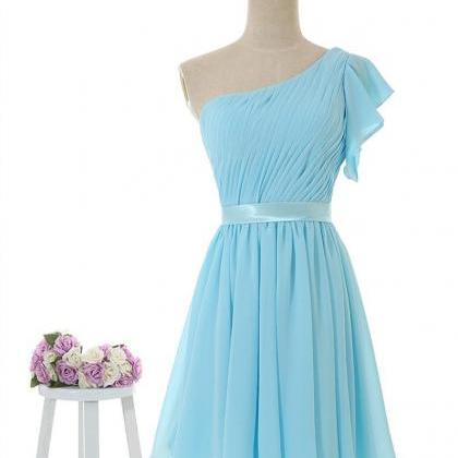 Light Blue One Shoulder Bridesmaid Dresses, Short..