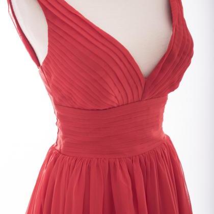 Red Sexy Deep V-neckline Chiffon Prom Dresses..