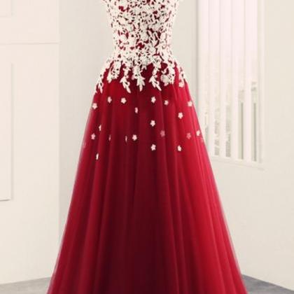 Dark Red Lace Applique Ball Gown Sweetheart Long..