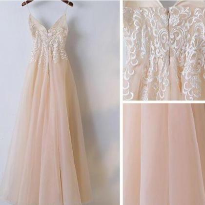 A Line Spaghetti Strap Lace Appliques Ivory Chiffon Prom Dress Graduation Prom Dress main image 1