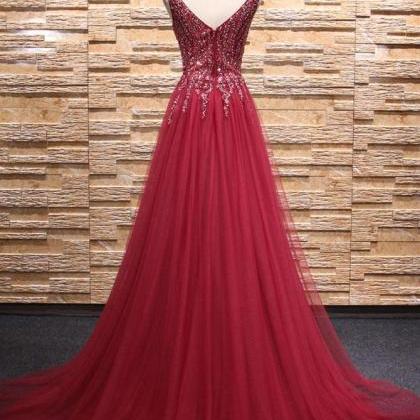 Wine Red Beaded Slit Long Tulle Prom Evening..