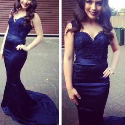 Sexy Satin Navy Blue Straps Lace Gowns, Straps..