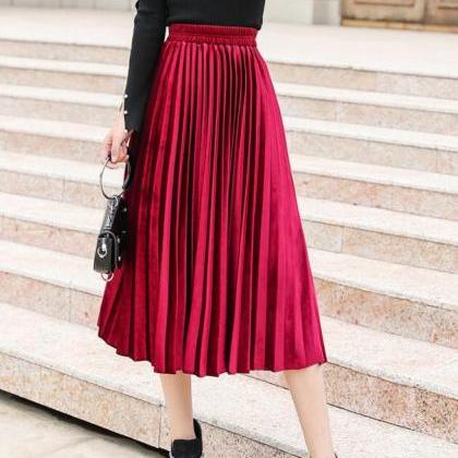 Cute Velvet Dark Red Long Skirt, Women Autumn..