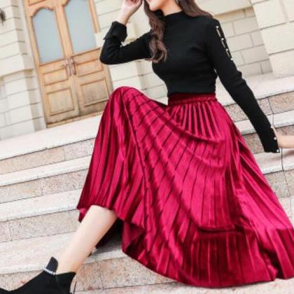 Cute Velvet Dark Red Long Skirt, Women Autumn..