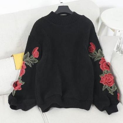 Floral Embroidered Sleeves Mock Neck Sweater