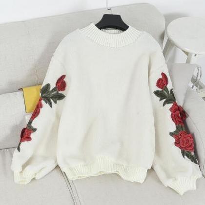 Floral Embroidered Sleeves Mock Neck Sweater