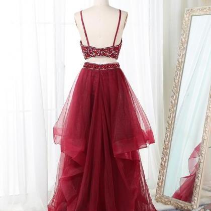 Stylish Straps Wine Red Backless Beaded Two Piece..
