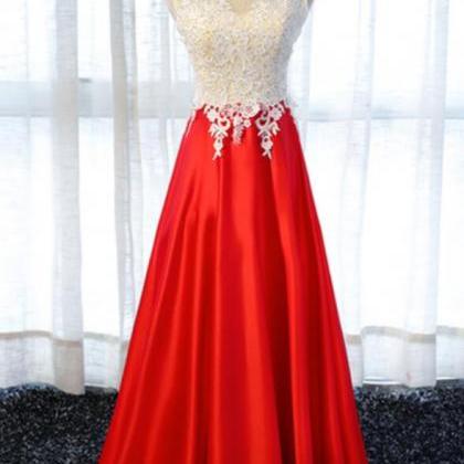 Red Satin White Lace Bodice Long Party Dresses,..