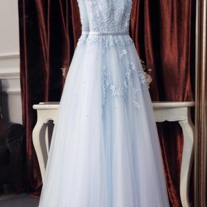 Delicate Light Blue Tulle Prom Dress With..
