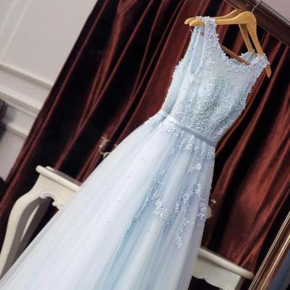 Delicate Light Blue Tulle Prom Dress With..
