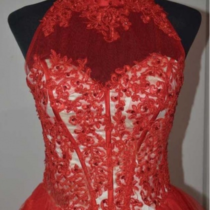 Red A Lines High Collar Hollow Short Tulle Lace..
