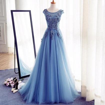 Blue Appliqued Prom Dresses, Round Neck Formal..