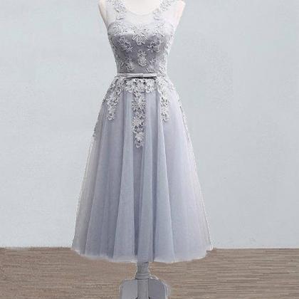 Grey-sliver Tea Length Bridesmaid Lace Dress,..