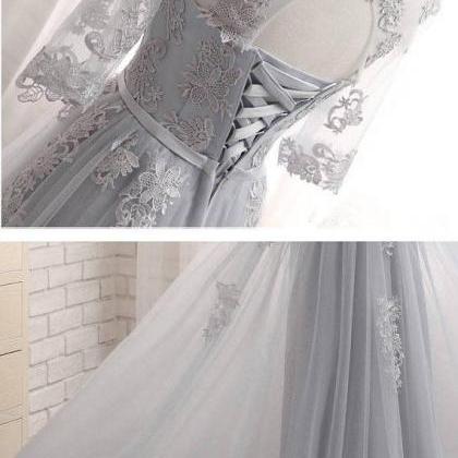 Grey-sliver Tea Length Bridesmaid Lace Dress,..